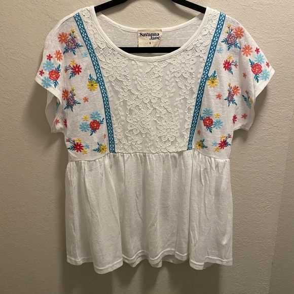 Savanna Jane Tops - Savanna Jane Short Sleeve Floral Embroidered Babydoll Top With Lace Detailing